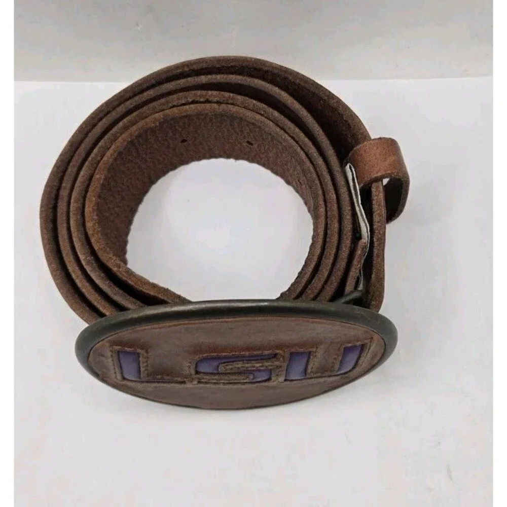 LSU Leather Buckle with Fossil Belt Men 34 Full Grain Cow Hide Rare Buckle